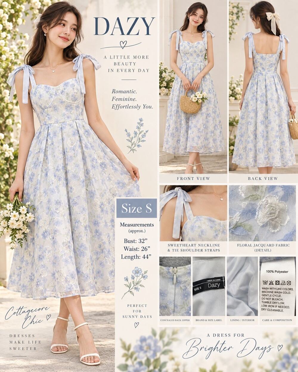 DAZY Women’s Small Blue Floral Jacquard Midi Dress Tie Strap Corset Cottagecore